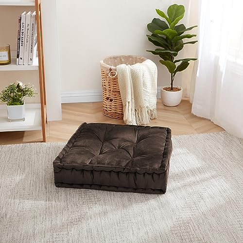Floor Pillow Large Square Tufted Decorative Cushion 20" x 20" Faux Velvet Fabric Ultra Thick Fill for Kids and Adults, 1 Pack, Coffee Brown - color: Coffee Brown, size: 1 Pack