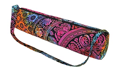 INDIAN CRAFT CASTLE ICC Yoga Mat Bag Carrier Full-Zip Exercise Yoga Mat Carry Bag for Women Men with Multi-Functional Storage Pockets and Adjustable Shoulder Strap 26X6 Inches - style: Elephant Flower Multi