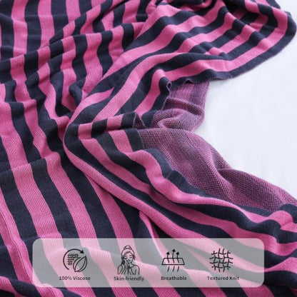 BOV Cooling Knit Throw Blanket 50x60, 100% Viscose, Gray Red Stripe - color: Berry & Charcoal