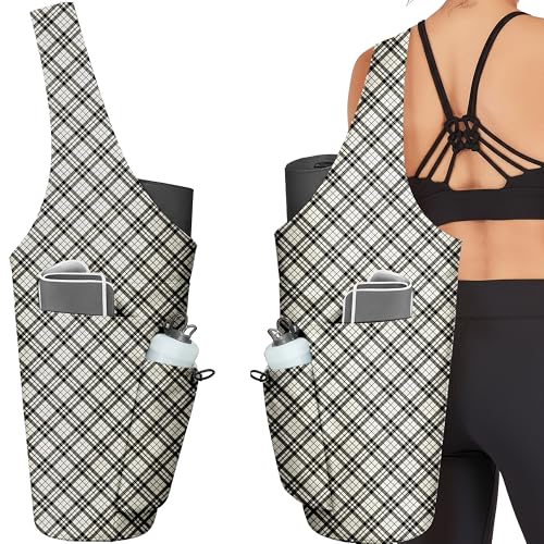 Yoga Bag for Women, Large Yoga Mat Bag Tote Carrier with Wet Dry Pocket | Water Bottle Holder & Adjustable Strap, Fits 1/2" Thick Yoga Mat for Gym, Pilates, Travel, Work - color: Grid Texture