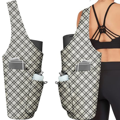 Yoga Bag for Women, Large Yoga Mat Bag Tote Carrier with Wet Dry Pocket | Water Bottle Holder & Adjustable Strap, Fits 1/2" Thick Yoga Mat for Gym, Pilates, Travel, Work - color: Grid Texture