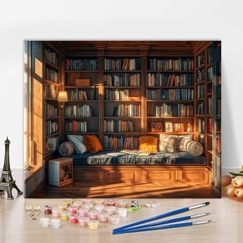 TUMOVO Bookshelf Paint by Numbers Kit for Adults, Library Paint by Number on Canvas, Bookcase Acrylic Painting by Numbers Kits for Gift Home Wall Decor Art Crafts 16"x20"(Frameless) - color: Bookshelf