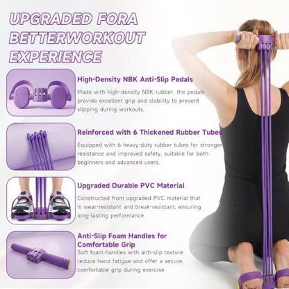 Pedal Resistance Band with Handles, Adjustable 6-Tube Detachable Workout Band, Thai Natural Rubber Tension Rope for Abs Arms Waist Legs, Home Fitness Equipment - color: purple