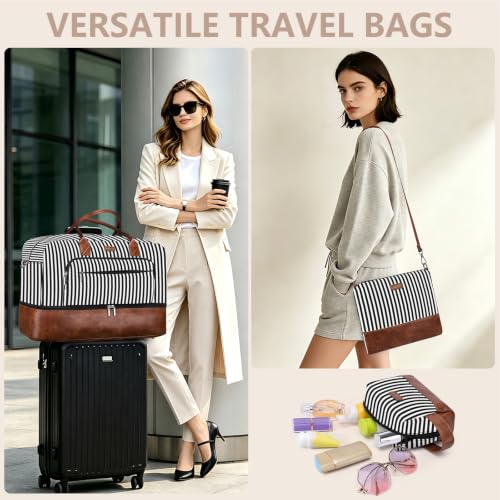 Large Women Travel Weekender Bag: Carry on Duffle with Shoe Compartment | Overnight Duffel Bags with Wet Pocket, Crossbody & Toiletry Bag, 3PCS Womens Traveling Tote Set for Hospital Gym Weekend Trip - color: 02 Black Striped