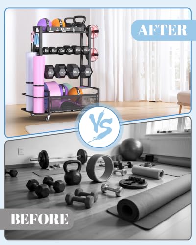 Dumbbell Rack Weight Storage Rack | Adjustable Weight Rack with Wheels, for Home Gym, for Dumbbells, Kettlebells, Yoga Mat, Foam Roller,Workout Equipment
