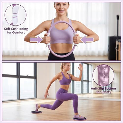 Hoikwo Purple 15 Pcs Pilates Kit for Women Resistance Bands Combo Yoga Sets | 7.3" Yoga Ball with Pump, 5 TPE Loop Bands, Long Band, Figure-8 Band, 2 Sliders, Grip Socks and Storage Bag for Home, Gym