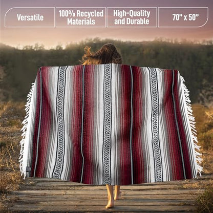 Mexican Blanket (Authentic Handmade Falsa) - Durable, Lightweight Baja Indian Blanket for Yoga, Beach, Camping, Picnic, Car/Truck, Outdoor Mexican Throw, Baja Saddle Blanket, 70"x50", Cherry - color: Cherry