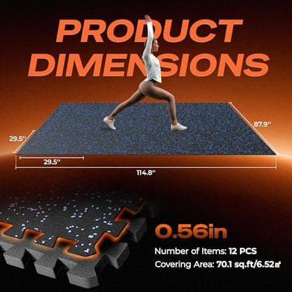 SUPERJARE 30" x 30" Larger Rubber Top Exercise Equipment Mats, 0.56" Thick 12PCS 75 Sq Ft High-Density EVA Foam Interlocking Gym Flooring, Big Workout Mat for Home Gym, Floor Protection, Black/Blue - size: 12 Tiles (75 Sq Ft)