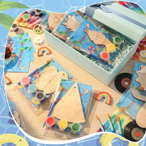 Saypacck 24 Pcs Summer Beach Party Favors Wooden Paint Craft Kits | Hawaiian Theme Kids Crafts, Includes Paints Brushes Organza Bags, Goodie Fillers for Preschool Birthday Gifts - style: Summer