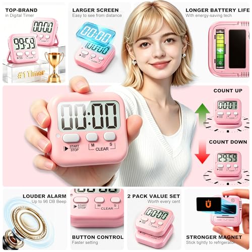 Antonki 2 Pack Digital Timer for Kids Classroom Kitchen Timers for Cooking | w/ Battery, Easy to View, Alarm, Mute Mode, Count Down/Up, Magnetic, Kickstand, Hanging, Classroom Timer for Teacher Supplies - color: Relaxing Pink