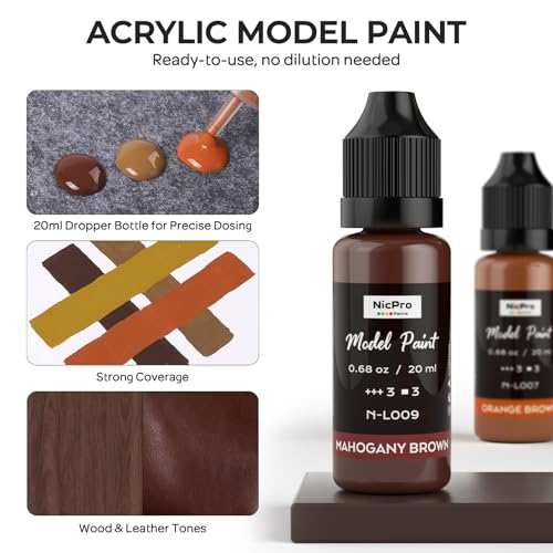 Nicpro 10 Colors Wood & Leather Model Paint Set, 20ml Ready to Use | Modeling Acrylic Paints, Brush & Airbrush Compatible, Miniature Paint Set for Beginner & Pro on Model, Figure, with 1 Thinner - style: Wood & Leather