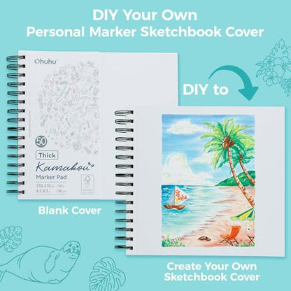 Ohuhu 8.3"x8.3" Double-Sided Bleedproof Marker Pad Art Sketchbook 50 Sheets | Square Sketch Book - 160 LB/280 GSM Smooth Drawing Paper - 50 Sheets/100 Pages - Spiral-Bound Sketch Pad for Alcohol Markers - size: 8.3" x 8.3"