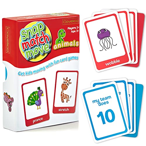 Animal Movement Cards for Kids, Active Games, 20 Animals, 52 Cards | Snap, Matching & Go Fish Game Modes, Gross Motor Activity, Indoor Outdoor, Classroom PE Homeschool, Toddler Exercise Cards - style: Animal Movement Cards