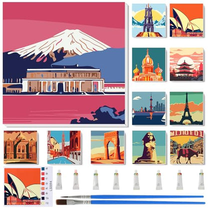 Nezyo 12 Sets Paint by Numbers for Adults with Frame, 8 X 8 Inch | DIY Acrylic Painting Canvas Kit, Ideal for Painting Party Classroom Activity, Beginner Friendly, Birthday Gift Ideas - style: Famous Landmarks