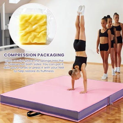 Nuanchu 4" Thickened Bi-fold Gymnastics Mat Crash Landing Pad | 4 x 4 ft Bifolding Gymnastics Mat with Carrying Handles for Tumbling, Yoga, Cheerleading, Stretching and Home Training