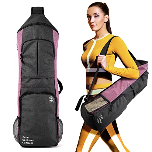 Yoga Mat Bag Carrier - Large Pockets & Water Bottle Holders. Yoga Backpack Fits 0.5" Thick x 26" Wide Mats. Hands-Free, Left-Right Switchable, Yoga, Gym, Cycling - color: Purple