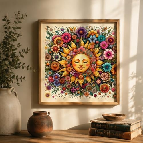 CHWGLFGG 5D Sun Face Diamond Art Kits for Adults Beginners 13.8x13.8 Inch | Vintage Floral Mandala Diamond Painting Kit, DIY Full Round Drill Paint by Diamonds Dot Gem Art for Adult, Home Wall Decor - color: KM1180-1