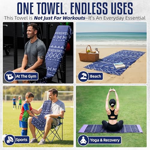 CHEEKY WINX Hooded Microfiber Gym Towel – Highly Absorbent Car Seat Towel with Carry Bag – Double-Sided Sweat Towel, Reversible, Quick Dry & Sand-Resistant Fabric, Aztech Blue, 130 x 60cm - color: Aztec Blue