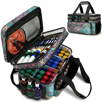 Acrylic Paint Organizer Bag, Holds 54 (2 oz) Bottles | Art Supply Storage Case with Handle and Shoulder Strap, Durable Fabric, Brush Pocket, Palette Board, Teal Paisley