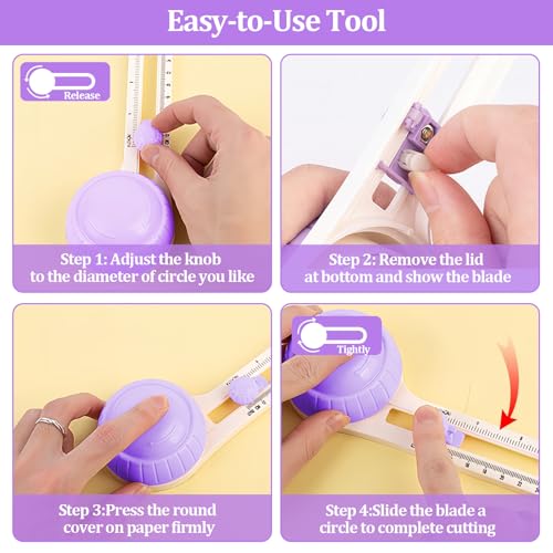 Circle Paper Cutters，Adjustable Rotary Circle Cutter，Circular Cardboard Circle Cutter with 3 Replaceable Blades, Trimmer Scrapbooking Tools，DIY Craft Cutting Tools Purple - color: Purple