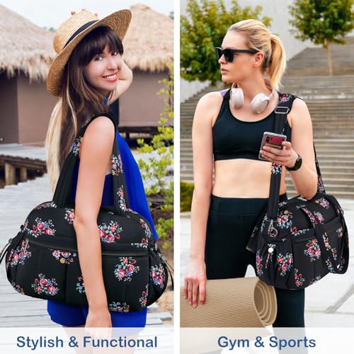 TOPDesign Travel Duffel Bag for Women, Puffer Gym Bag Sports Tote with Wet Pocket, Carry On Weekender with Luggage Sleeve (Flower) - color: Flower