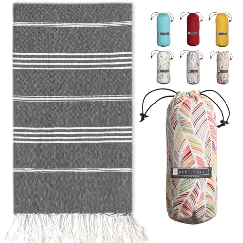 BAY LAUREL Turkish Beach Towel with Travel Bag 39 x 71 Quick Dry Sand Free Lightweight Large Oversized Towels Light - color: Black With Red Floral Bag