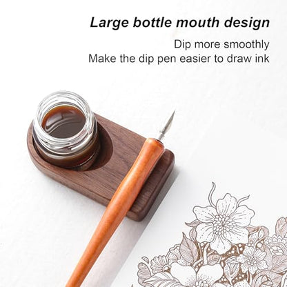 Wooden Calligraphy Brush Holder with Glass Inkwell Container, Set with Angled Tip Holder Base (Upgraded One Glass Ink) - style: Upgraded One Glass Ink