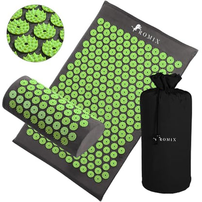 ROMIX Acupressure Mat and Pillow Set, Acupuncture Mat for Back Pain, Neck, Shoulder Pain Relief, Stress Reduction, Wellness Therapy, Cushioned Acupressure Mats with Carry Bag for Men and Women - color: Green