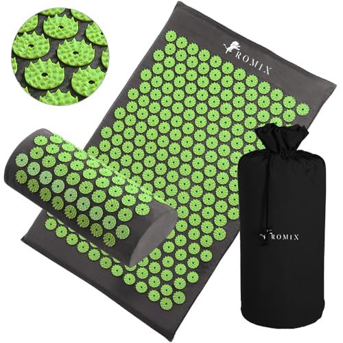 ROMIX Acupressure Mat And Pillow Set, Back Neck And Shoulder Pain Relief | Stress Reduction, Muscle Relaxation, Wellness Therapy, Carry Bag, For Men And Women, Home Use, Acupuncture Mat Set - color: Green