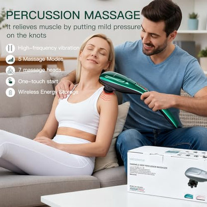 MEGAWISE Cordless Handheld Back Massager w/Rechargeable 3200mAh Battery, 5 Speed and 5 +2 Massage Nodes with Hard, Medium and 2 Soft Silicone Nodes; Massage While Moving Around (Dark Green) - color: Dark Green