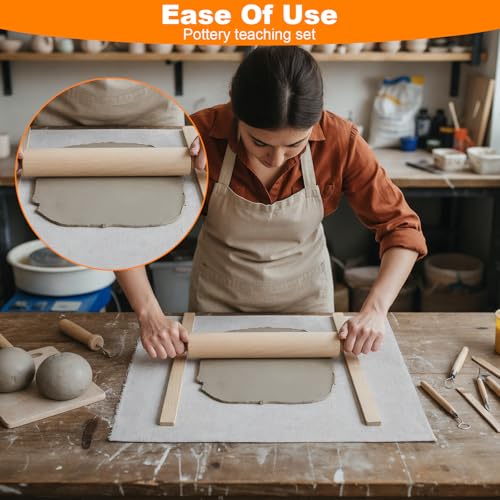 12 Pcs Pottery Tools Kit with Wooden Rolling Pin, 5-Size Rolling Mud Sticks, Linen Tablecloth for Ceramic Clay Art DIY Craft Supplies Sculpting and Teaching