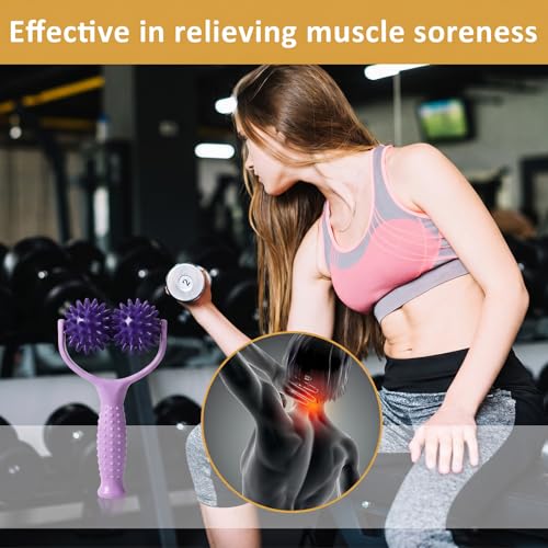 Handheld Spiky Massage Balls Rollers, 2 Wheel Spiky Massage Ball Rollers Silicone Manual Massage-Roller with Handle Pressure Point Muscle Massages Tool for Foot Arm Body Neck Leg Pain Pressure Relief - color: Purple