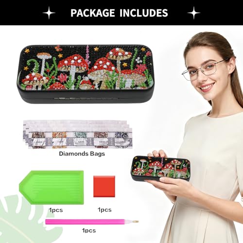 FlyingMage 5D Diamond Art Painting Kit for Adults Beginner, Small DIY Diamond Dots Gem Art Painting Mosaic Kits, Cute Hard Shell Sunglasses Eyeglasses Glasses Case for Women Teen, Mushroom - color: Black Mushroom