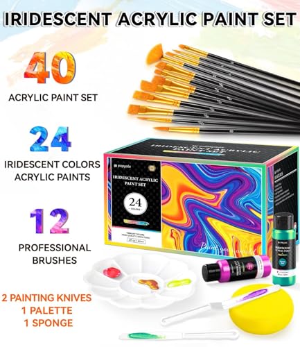 40 PCS Iridescent Acrylic Paint Set, 24 Colors (2oz/60ml) Art Craft Paint | with 12 Brushes, 2 Knives & Palette, Paint for Adults Artists Beginners, Canvas Ceramic Rocks Wood Painting Kit Art Supplies - color: Iridescent Colors, size: 2 Fl Oz (Pack of 24)