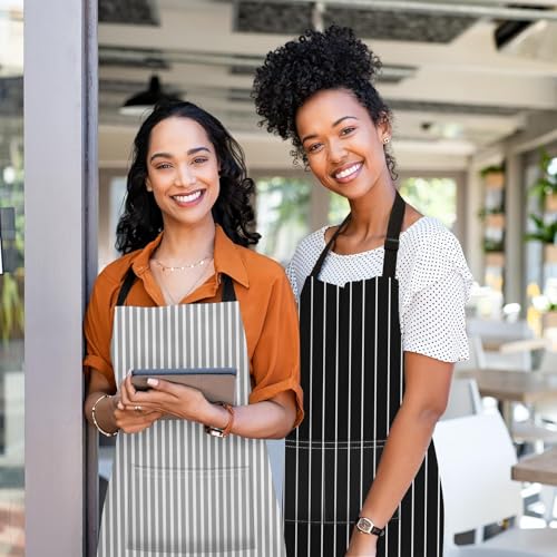 Apron with Pockets, 32x28 inch, 2 Pack, Striped | Black Grey Stripes Adjustable Bib with Pockets for Women Men Couple Lovers Chef Home Baking Gardening - color: Black Grey Stripes