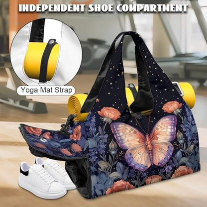Gym Bag with Yoga Mat Holder Large Tote Bag With Multi Pockets for Women Men Dry Wet Separated Pocket Carryall Yoga Tote Bag for Pilates Travel Workout Office - color: Pink Butterfly