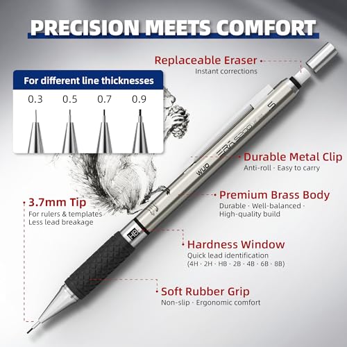 WUO 38PCS Art Mechanical Pencil Set with Storage Case, Metal Drawing Pencil | 0.3, 0.5, 0.7, 0.9 & 2PCS 2mm (2H HB 2B 4B Color) & 552 Lead Refills, 1 Eraser Pen, Artist Pencils for Sketching, Drafting - color: Black+Silver2 - 4 Sizes + 2.0mm