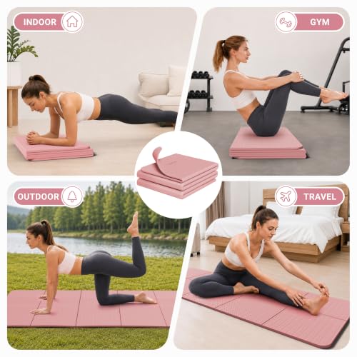Readaeer Foldable Yoga Mat for Travel Folding Yoga Mat 6mm Thick with Carrying Bag, Non-Slip TPE Exercise Pilates Mat for 72" L x 24" W x 0.24 Inch - color: Pink