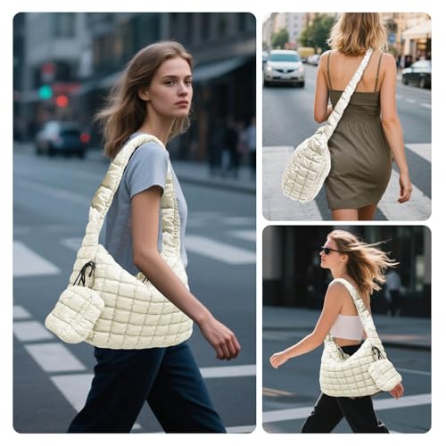 Puffer Tote Bag for Women, Large Quilted Puffer Bag with Pouch, Puffy Quilted Hobo Bag, Puff Crossbody Purse - color: 2-white