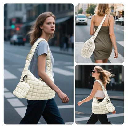Puffer Tote Bag for Women, Large Quilted Puffer Bag with Pouch, Puffy Quilted Hobo Bag, Puff Crossbody Purse - color: 2-white