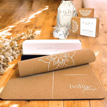 Complete Yoga Bundle with Premium Cork Yoga Mat, Stylish Carry Bag and Practical Cork Yoga Blocks Set with Strap and Storage Bag.