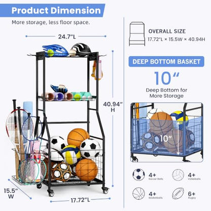 Garage Ball Storage Sports Equipment Organizer with Bat Rack