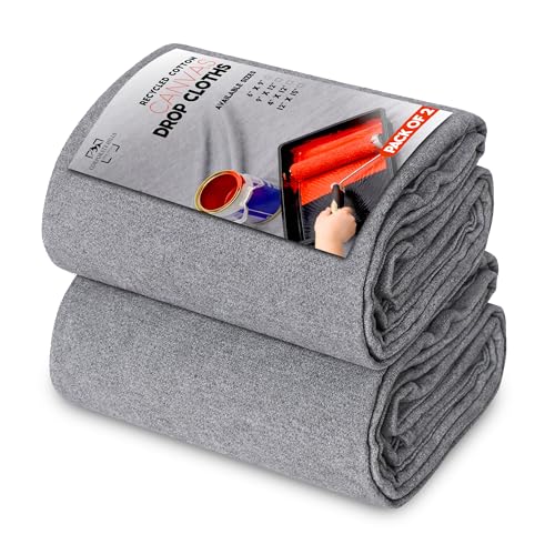 Silver Canvas Drop Cloth (6 x 9 Feet - Pack of 2) - Recycled Cotton Painters Drop Cloth for Painting, Furniture & Floor Protection - All Purpose Canvas tarp with Double Stitched Edges - size: 6' x 9' - Pack of 2