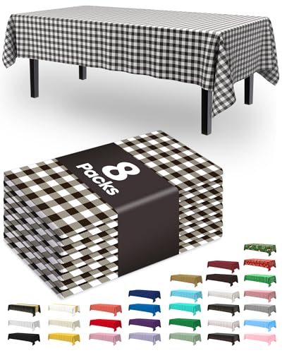 Pureegg Plastic Table Cloth Disposable 8 Pack 54 x 108 Inch, Black Plaid | Party Supplies, Picnic, Checkered Decor, Leakproof & Sturdy, Black Plaid, Tablecloth - color: Black Plaid, size: 54" X 108" Rectangle