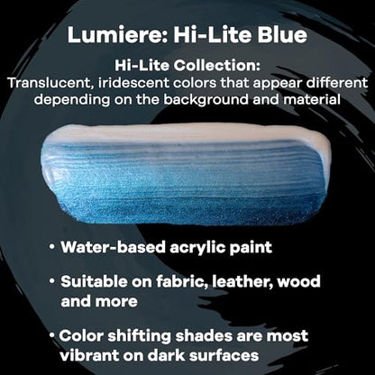 Jacquard Lumiere 8oz Fabric Paint Hi Lite Blue - Metallic Paint for Fabric Paper Wood Ceramic and Metal - Light-bodied Metallic Acrylic Paint - Lightfast & Vibrant Metallic Acrylic Paints - color: Hi Lite Blue, size: 8 Fl Oz (Pack of 1)