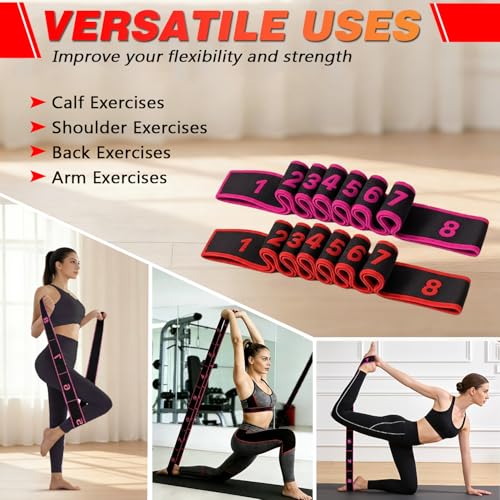 Fitness Stretch Belt, 8 Loop Resistance Band Elastic Training Strap with Numbered Markings for Full Body Workout Physical Therapy, Pilates, Dance & Home Fitness - color: Red & Pink