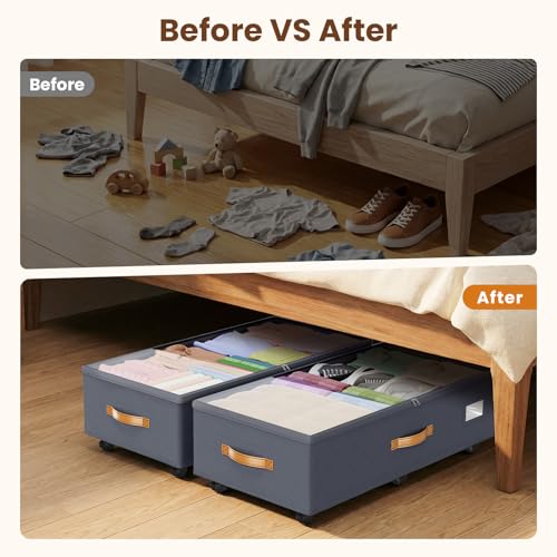 Budding Joy 80L 2 Pack Adjustable Under Bed Storage Containers with Wheels - color: Grey