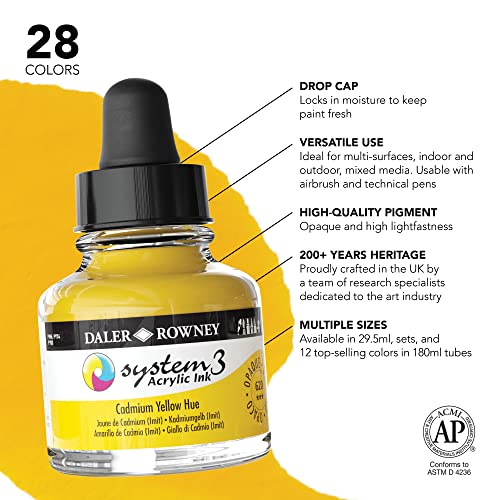 Daler-Rowney System3 Acrylic Ink Set of 3 Starter Colors- Versatile Acrylic Ink for Artists and Students - Opaque Calligraphy Ink for Drawing Illustrating Airbrushing Dip Pen Ink and More