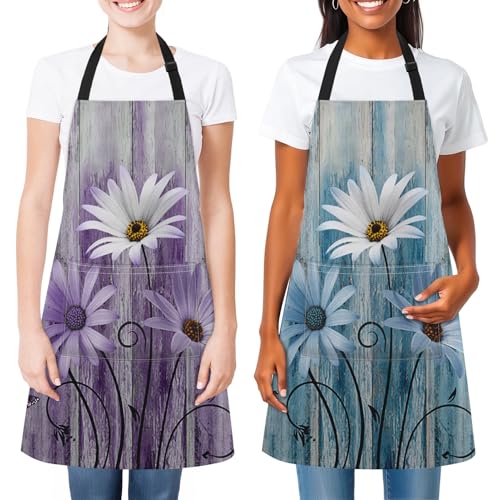 2 PC Aprons Stripe Durable Adjustable Bib with Pockets Apron for Women Men Lovers Chef Home Kitchen Cooking Garden - color: Purple Blue
