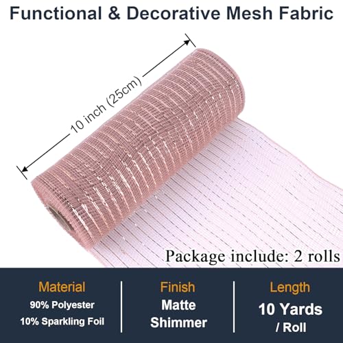 Rose Gold Mesh Ribbon Rolls 10 Inch 10 Yds, Deco Mesh Fabric for Wreaths | (2 Rolls) 30Ft Each, Decorative Foil Mesh for Christmas Tree Ribbon, Door Decor, DIY Crafts, Halloween, Wedding Party Supplie - color: Rose Gold